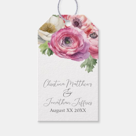 Romantische Aquarel Roze en Witte Ranunculus Cadeaulabel (Voorkant)