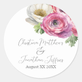 Romantische Aquarel Roze en Witte Ranunculus Ronde Sticker