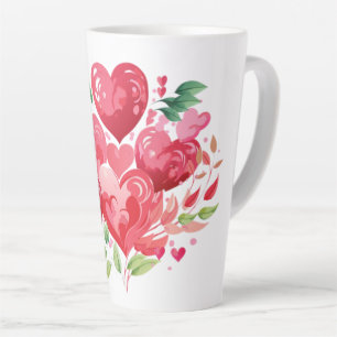 Romantische Aquarel Roze Harten en Groene Bladeren Latte Mok