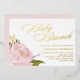 Romantische Aquarel Roze Pioen Babyshower Brunch Folie Uitnodiging