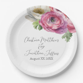 Romantische Aquarel Roze & Witte Ranunculus Papieren Bordje