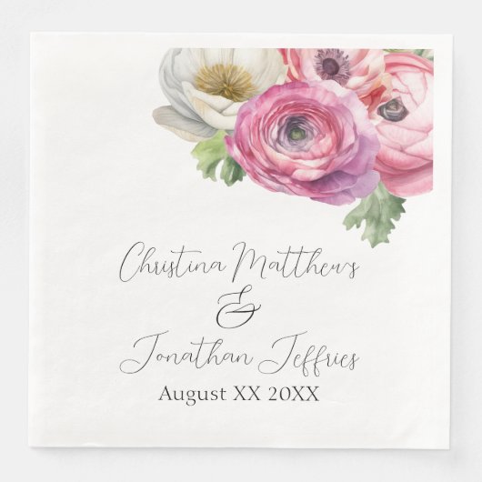 Romantische Aquarel Roze & Witte Ranunculus Servet (Voorkant)