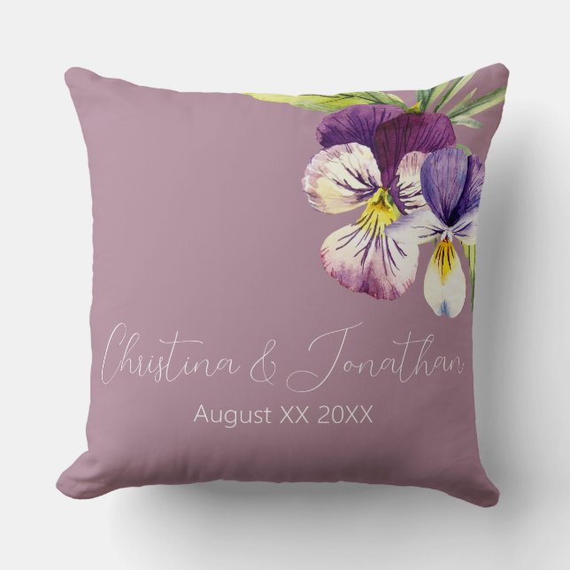 Romantische aquarel viooltjes op paars kussen (Voorkant)