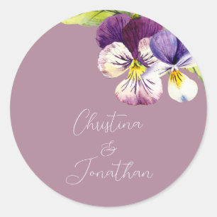 Romantische aquarel viooltjes op paars ronde sticker