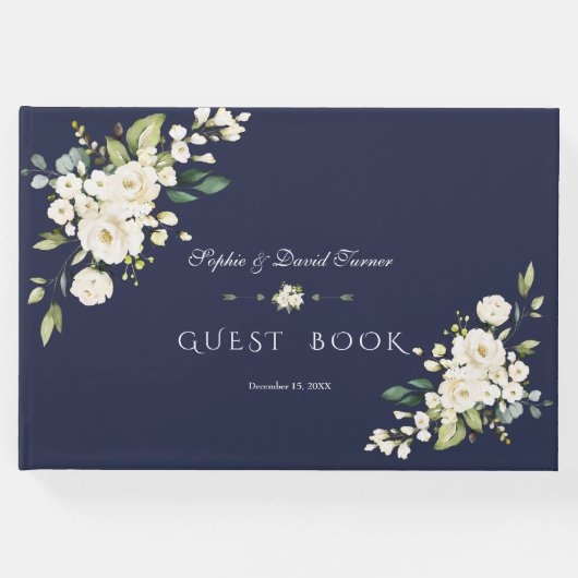 Romantische Aquarel Witte Bloemen Navy Bruiloft  Gastenboek (Voorkant)