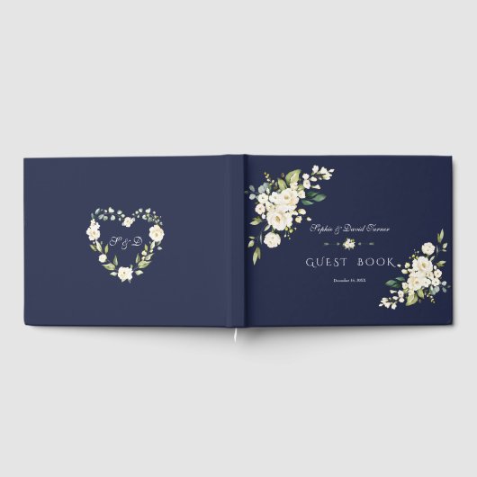 Romantische Aquarel Witte Bloemen Navy Bruiloft  Gastenboek (Volledig)