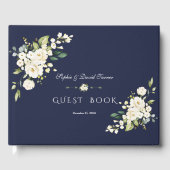 Romantische Aquarel Witte Bloemen Navy Bruiloft  Gastenboek (Voorkant)