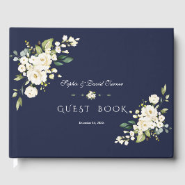 Romantische Aquarel Witte Bloemen Navy Bruiloft  Gastenboek