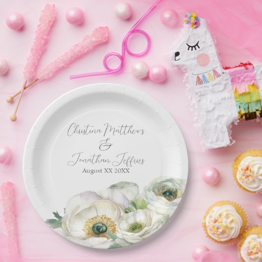 Romantische Aquarel Witte Ranunculus Papieren Bordje (Feest)