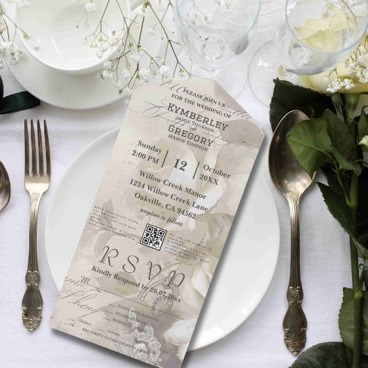 Romantische Aquarel Witte Roos Crème Beige QR Code All In One Uitnodiging