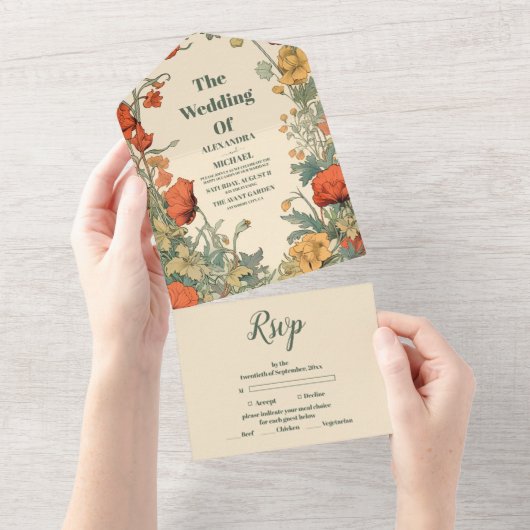 Romantische Art Nouveau bruiloft All In One Uitnodiging (Afscheurbaar)