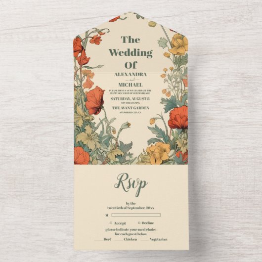 Romantische Art Nouveau bruiloft All In One Uitnodiging (Binnen)