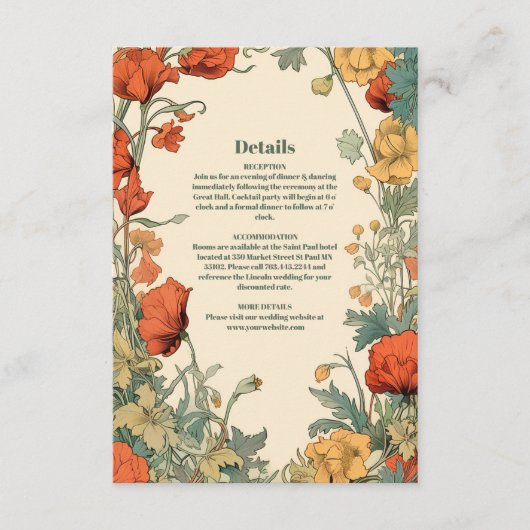 Romantische Art Nouveau bruiloft Informatiekaartje (Voorkant)