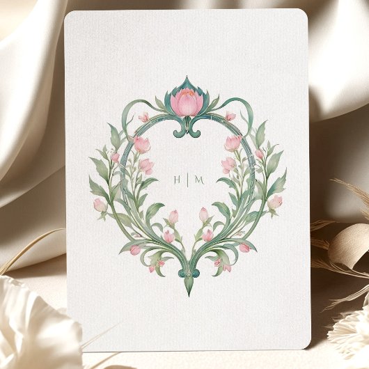 Romantische Art Nouveau Pioenenbruiloft Kaart