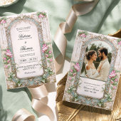 Romantische Art Nouveau Roze Pioenbruiloft uitnodi Kaart