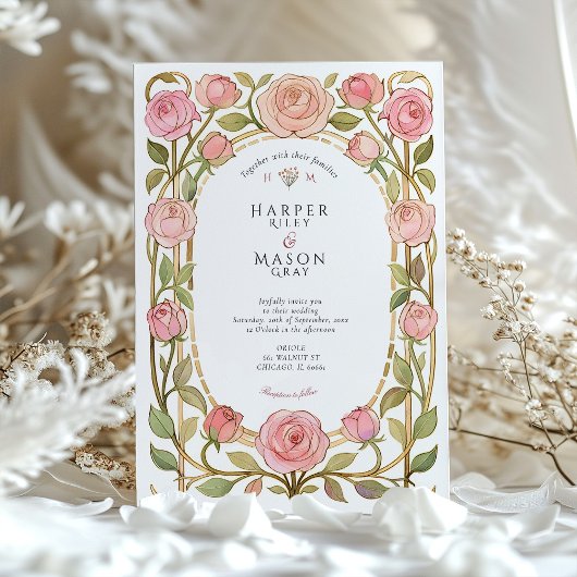 Romantische Art Nouveau Rozen bruiloft Kaart