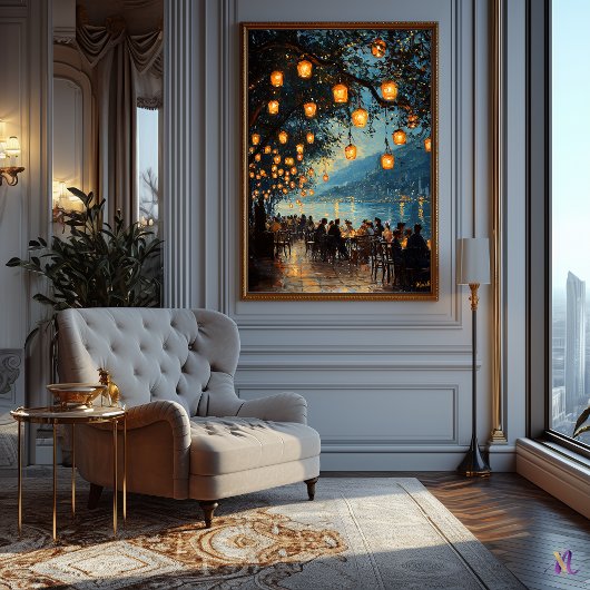 Romantische avond aan het meer in impressionistisc poster
