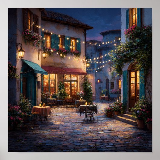 Romantische avond in een Cobblestone European Cafe Poster (Voorkant)