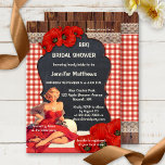 Romantische  BBQ Bridal Shower Kaart<br><div class="desc">Een romantische bruiddoucheuitnodiging met een BBQ-thema,  met bijtend hout,  een bord,  een  schilderij van een vrouw in een rode jurk,  papaverbloemen en kant op een gingham-achtergrond. De achterkant is een combinatie van roestvrij hout met kant op een rood en ivoor gingham patroon.</div>