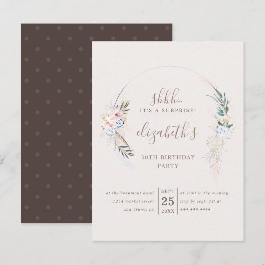 Romantische Beige Blossom Waterverf Surprise Party Uitnodiging Briefkaart (Voorkant / Achterkant)