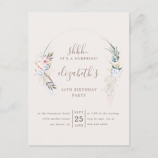 Romantische Beige Blossom Waterverf Surprise Party Uitnodiging Briefkaart (Voorkant)