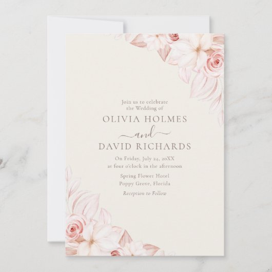 Romantische Beige en Roze Rozen Bruiloft Uitnodigi Kaart (Voorkant)