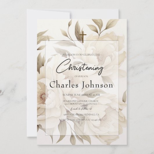 Romantische beige pioenen Floral  Zoondoop Kaart (Voorkant)