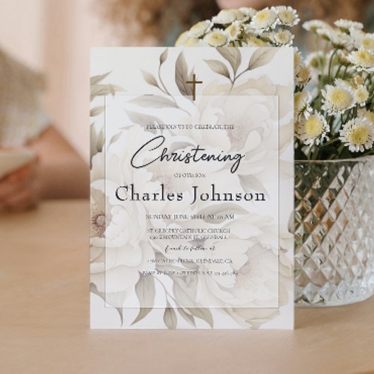 Romantische beige pioenen Floral  Zoondoop Kaart