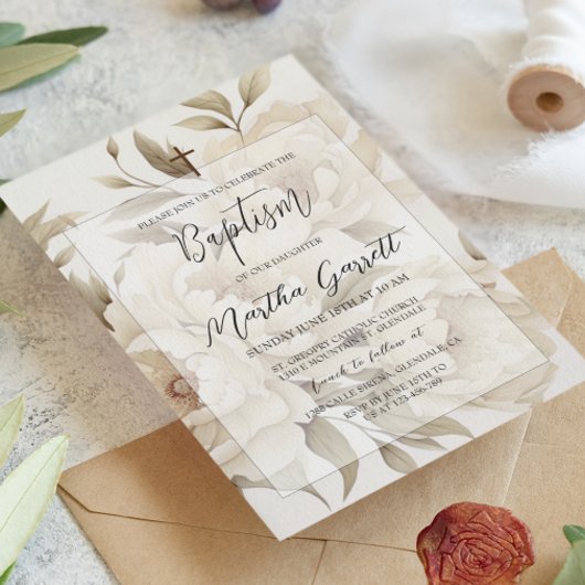 Romantische Beige Pioenjes Bloemen  Meisje Doop Kaart