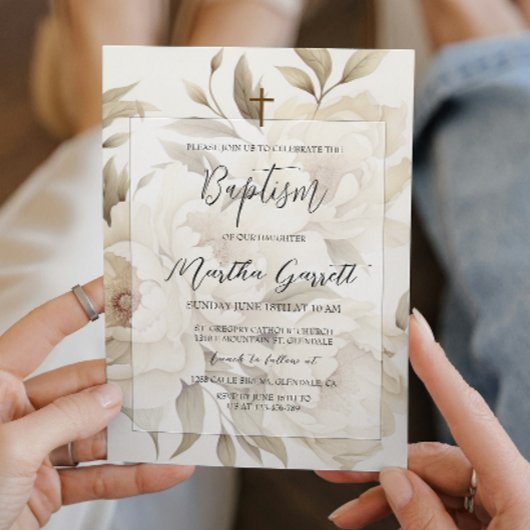 Romantische Beige Pioenjes Bloemen  Meisje Doop Kaart