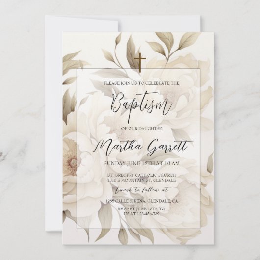 Romantische Beige Pioenjes Bloemen  Meisje Doop Kaart (Voorkant)