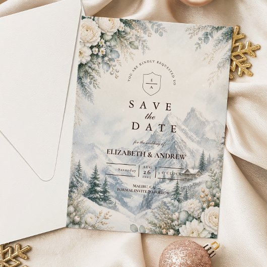 Romantische bergwinterhuwelijk save the date