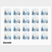 Romantische besneeuwde kerk bruiloft vierkante sticker (Vel)