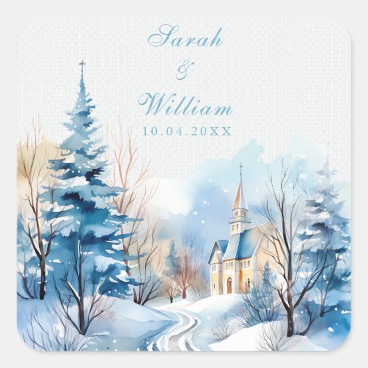 Romantische besneeuwde kerk bruiloft vierkante sticker (Voorkant)