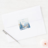 Romantische besneeuwde kerk bruiloft vierkante sticker (Envelop)