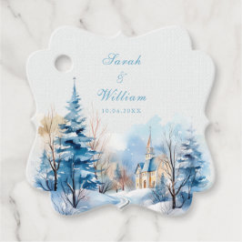 Romantische besneeuwde winterkerk bruiloft gunst L Bedankjes Labels