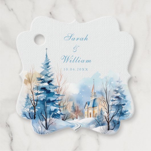 Romantische besneeuwde winterkerk bruiloft gunst L Bedankjes Labels (Voorkant)