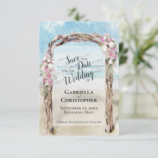 Romantische Bestemming Strand Bruiloft Save the Da Kaart (Staand voorkant)