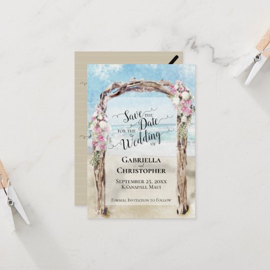 Romantische Bestemming Strand Bruiloft Save the Da Kaart (Voorkant / Achterkant in situ)