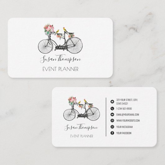 Romantische  Bicycle Flowers Event Planner Visitekaartje (Voorkant / Achterkant)