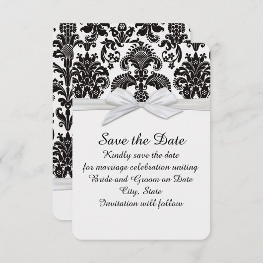 Romantische Black&White Damask Bewaar de datum Save The Date (Voorkant / Achterkant)