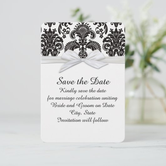 Romantische Black&White Damask Bewaar de datum Save The Date (Staand voorkant)
