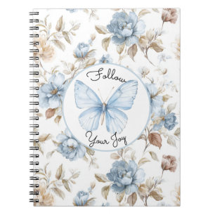 Romantische Blau Bloemen Bruine Bladeren Vlinder Notitieboek