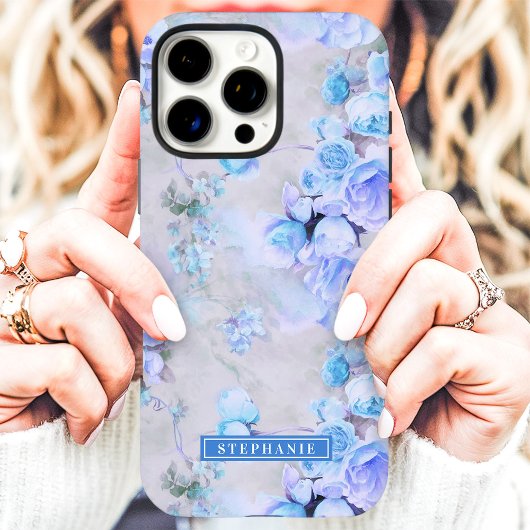 Romantische Blau en Grijs Naam Bloem Case-Mate iPhone Case