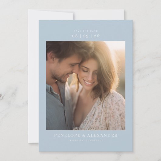 Romantische Blau Minimalistische Foto Save The Date (Voorkant)