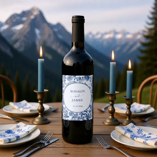 Romantische Blau Toile Bruiloft Wijn Etiket