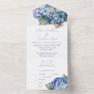 Romantische Blauwe Aquarel Hortensia Bloemen All In One Uitnodiging