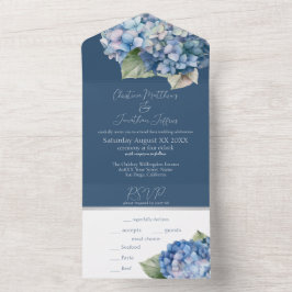 Romantische blauwe aquarel hortensia bloemen op ma all in one uitnodiging