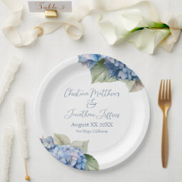 Romantische blauwe aquarel hortensia bloemen papieren bordje