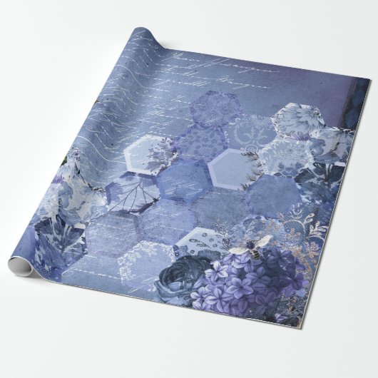 -Romantische blauwe-bijenbloemen Cadeaupapier (Uitgerold)